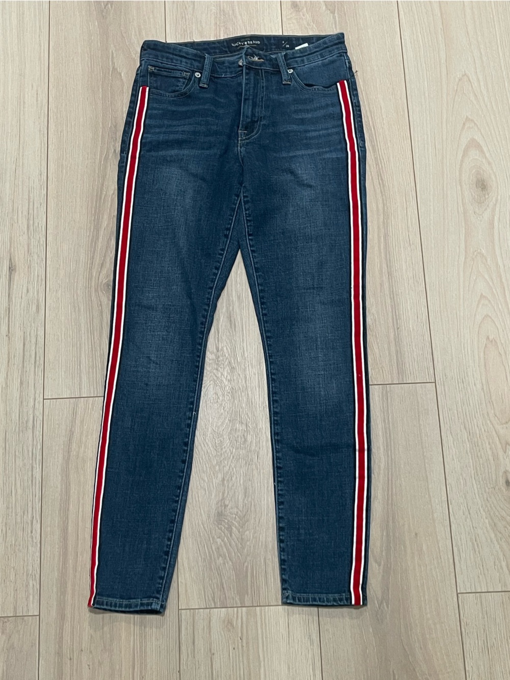 EUC Lucky Brand Ava Skinny Jeans with Red & White Side Stripes